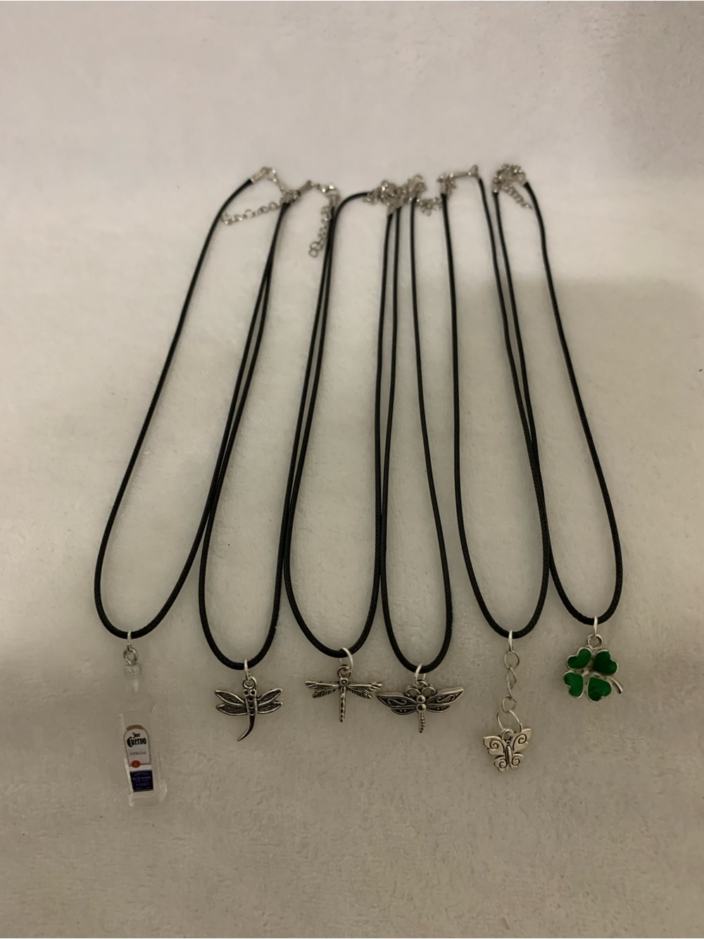 Black Cord Charm Necklace Set with Dragonfly, Clover & Butterfly Charms